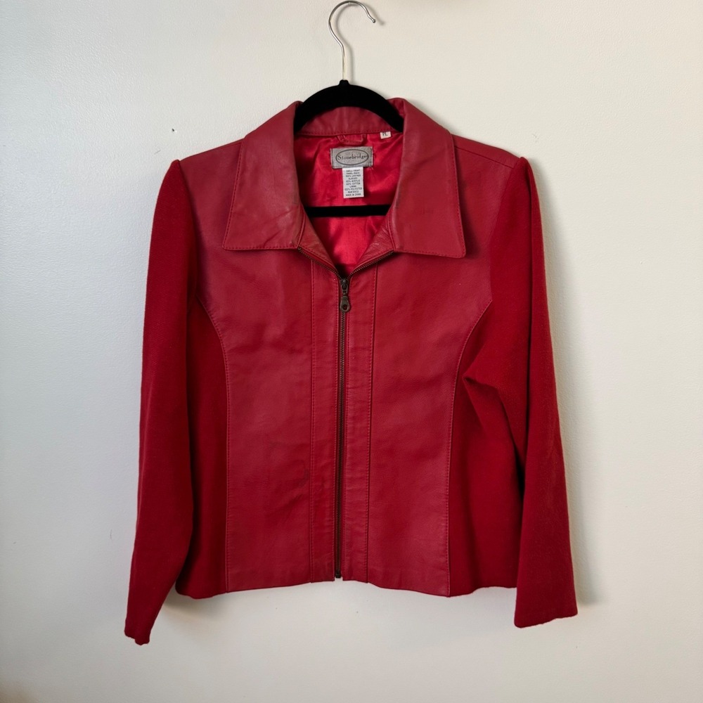 Vintage Leather Red Jacket Combo Knit Size PL Zip Colorblock Stonebridge Moto